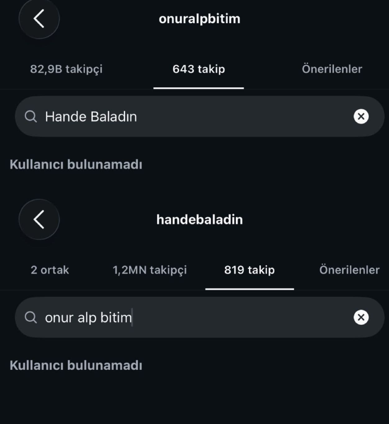Hande Baladın ile Onuralp Bitim'in sosyal medya hesaplarında birbirini takip etmediğini gösteren ekran görüntüsü